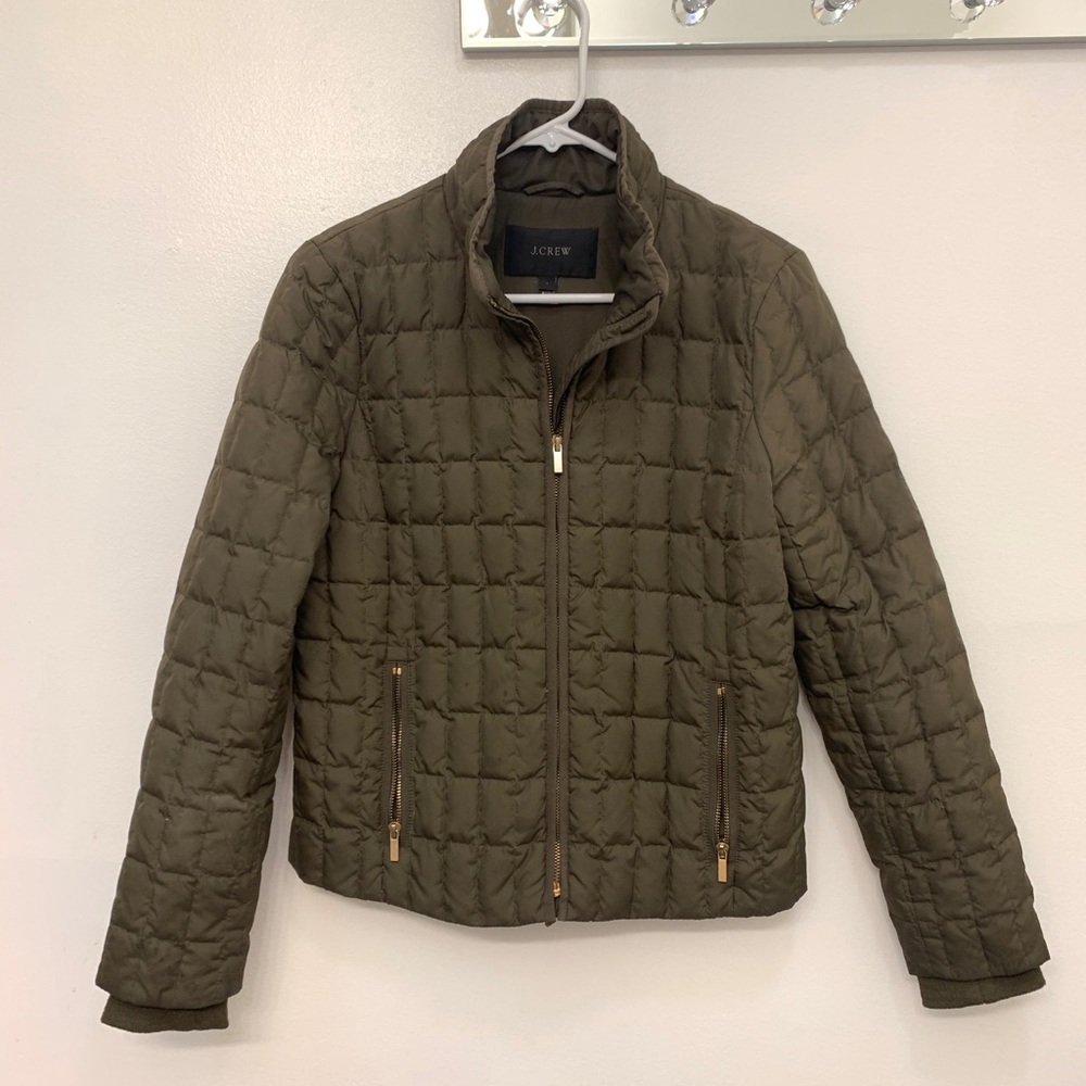 J Crew olive green puffer down jacket gold zipper